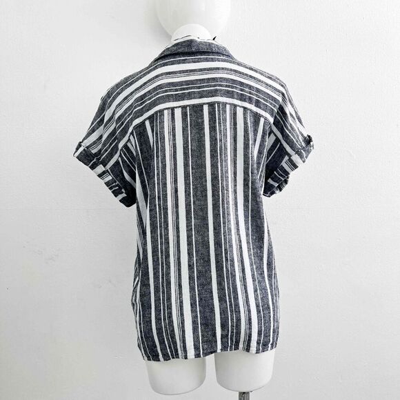 Ellen Tracy mariner tie front LINEN Shirt top Large Blue White Stripes ButtonS - Picture 13 of 13